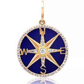 14K Gold Lapis and Pave Diamond Compass Charm, Large