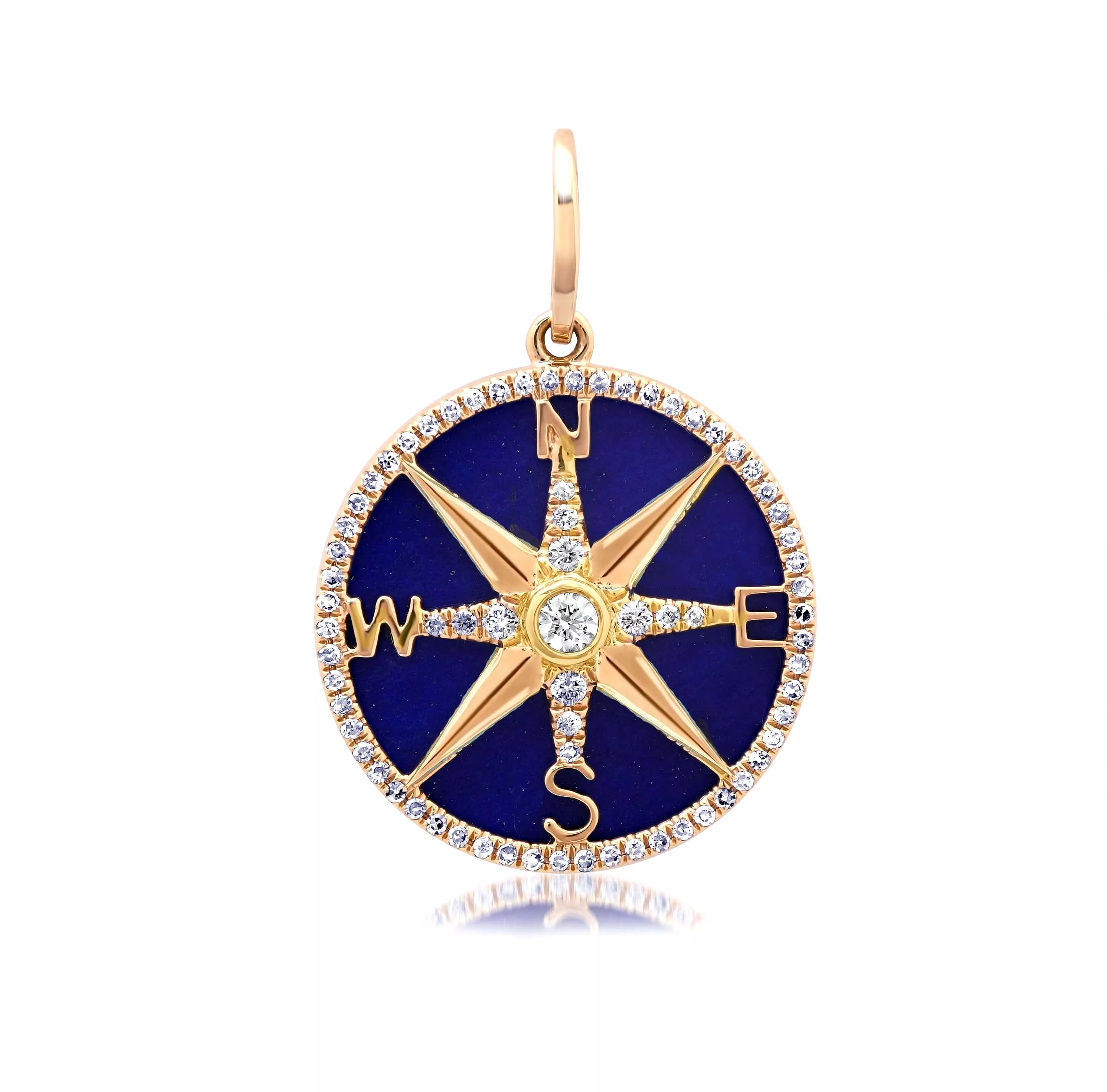 14K Gold Lapis and Pave Diamond Compass Charm, Medium