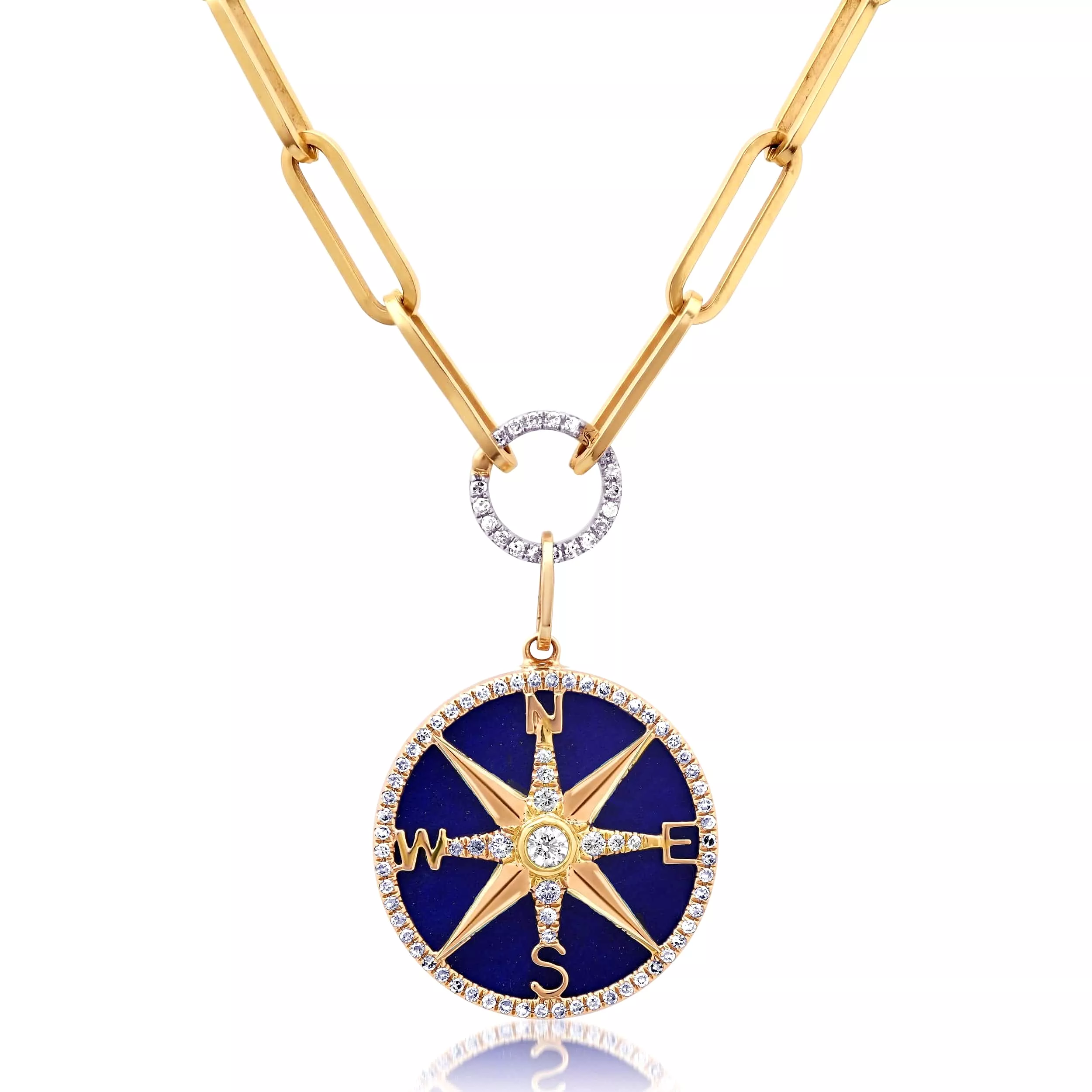 14K Gold Lapis and Pave Diamond Compass Charm, Medium