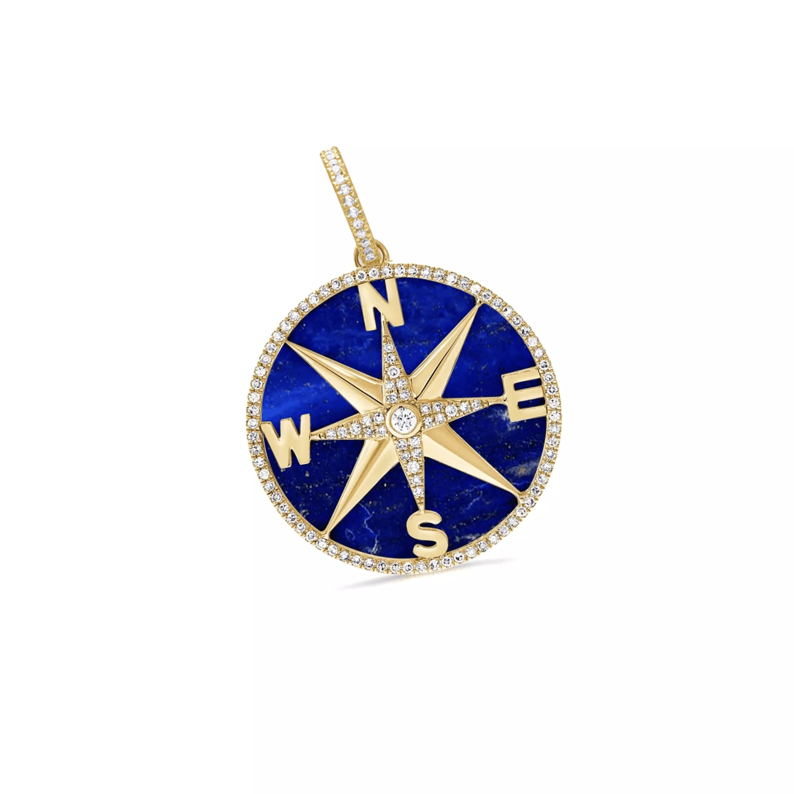 14K Gold Lapis and Pave Diamond Compass Charm, Medium