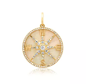 14K Gold Mother of Pearl and Pave Diamond Compass Charm, Full Diamonds