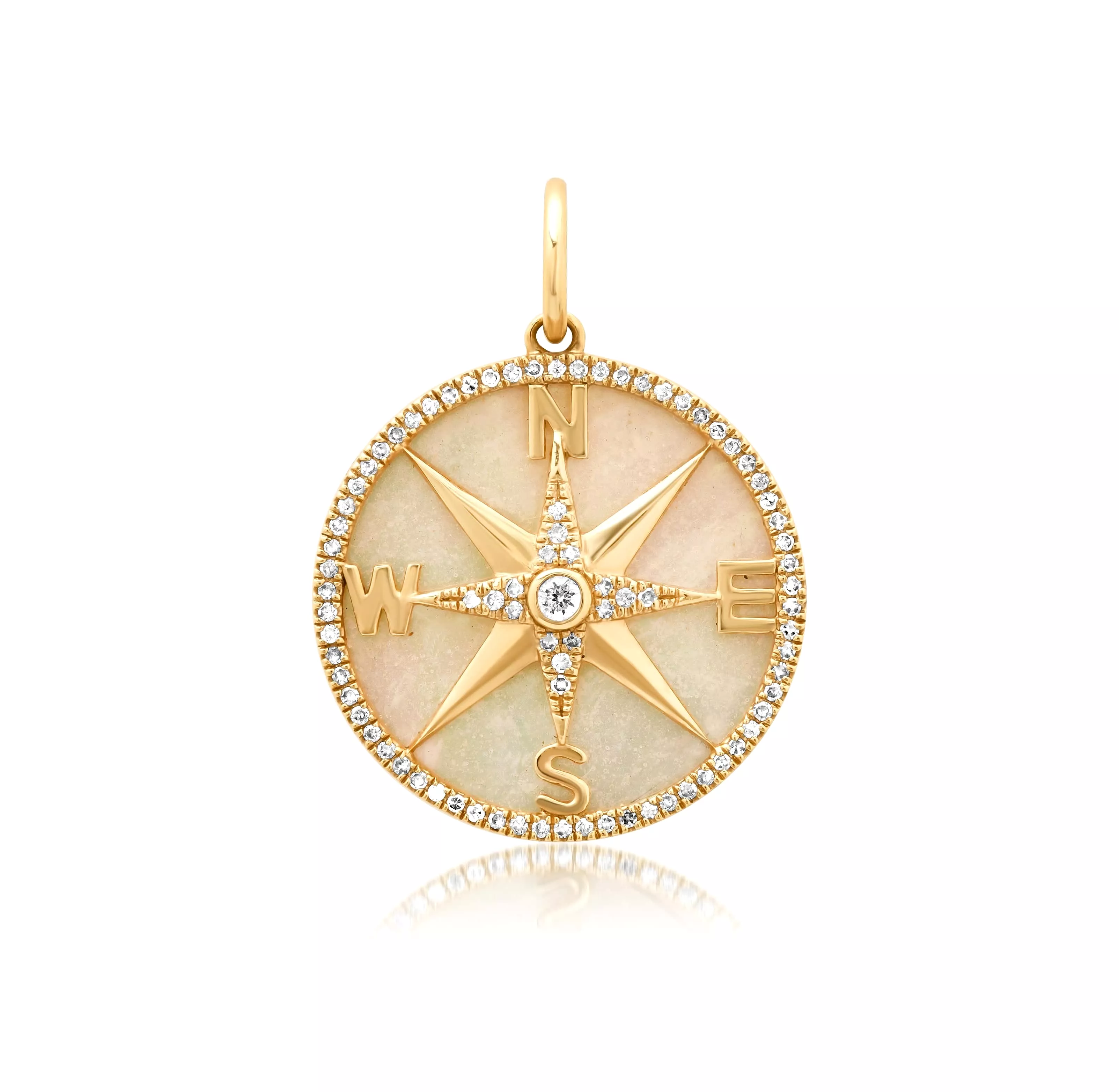 14K Gold Mother of Pearl and Pave Diamond Compass Charm, Medium