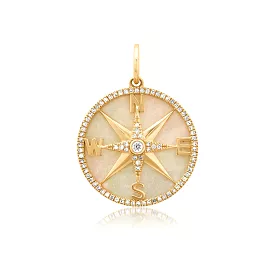 14K Gold Mother of Pearl and Pave Diamond Compass Charm, Medium