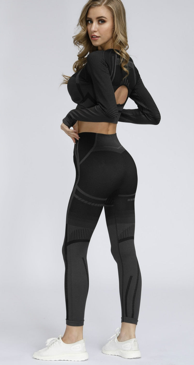 2PC Seamless Sport Suit gym workout Open Back