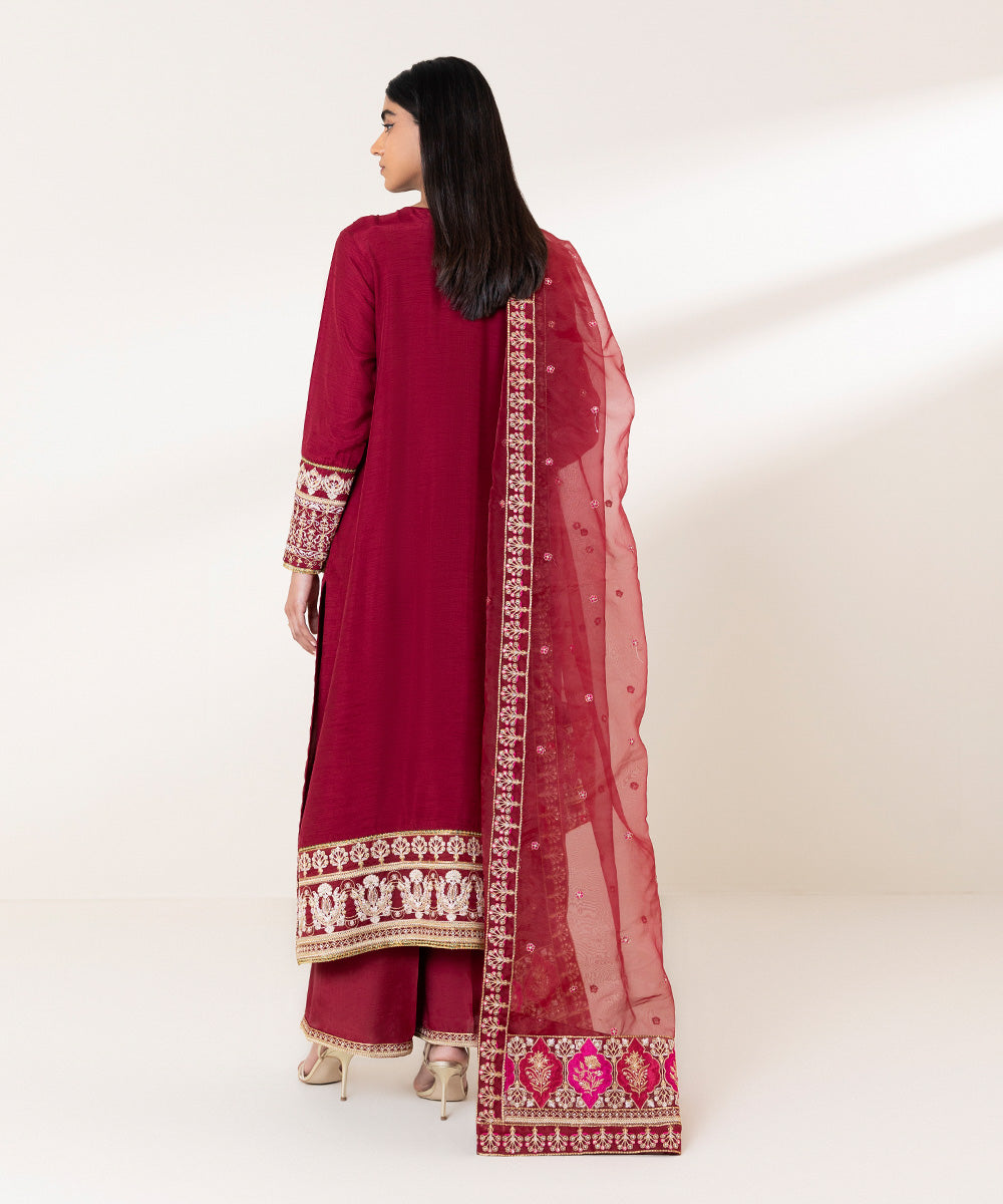 3 Piece - Embroidered Raw Silk Suit