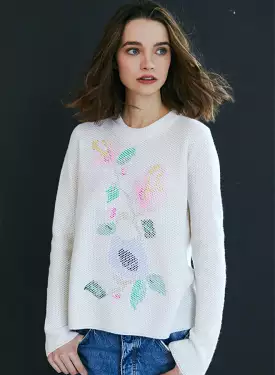 Autumn Cashmere - L/S Crew W/ Threaded Floral - Chalk Combo