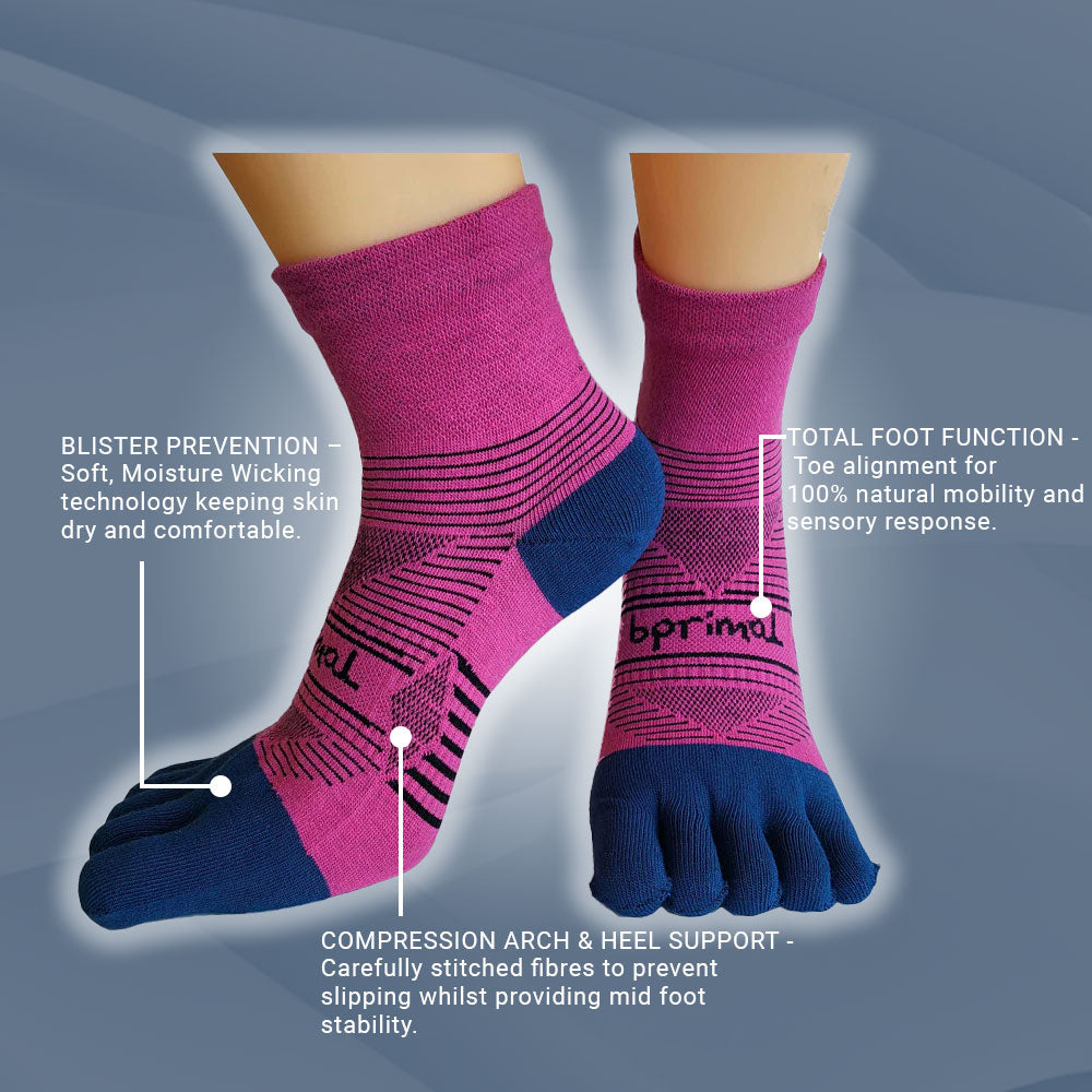 Bprimal Performance Five-Toe Socks - Womens - Regular Weight - Mini-Crew - Pink/Navy