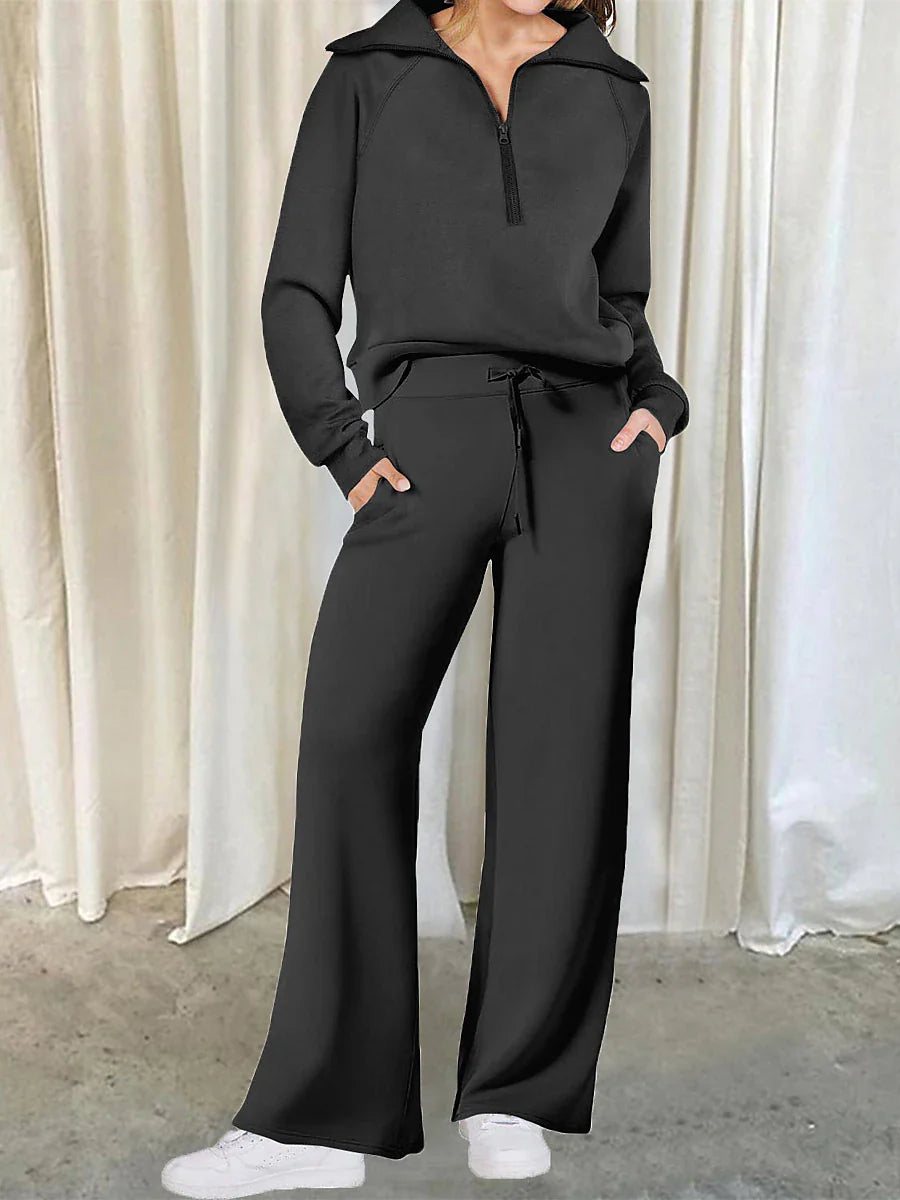 Chic Lapel Long Sleeve Loungewear Set for Women with Pant Pocket