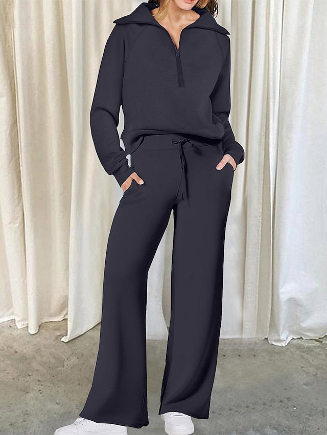 Chic Lapel Long Sleeve Loungewear Set for Women with Pant Pocket