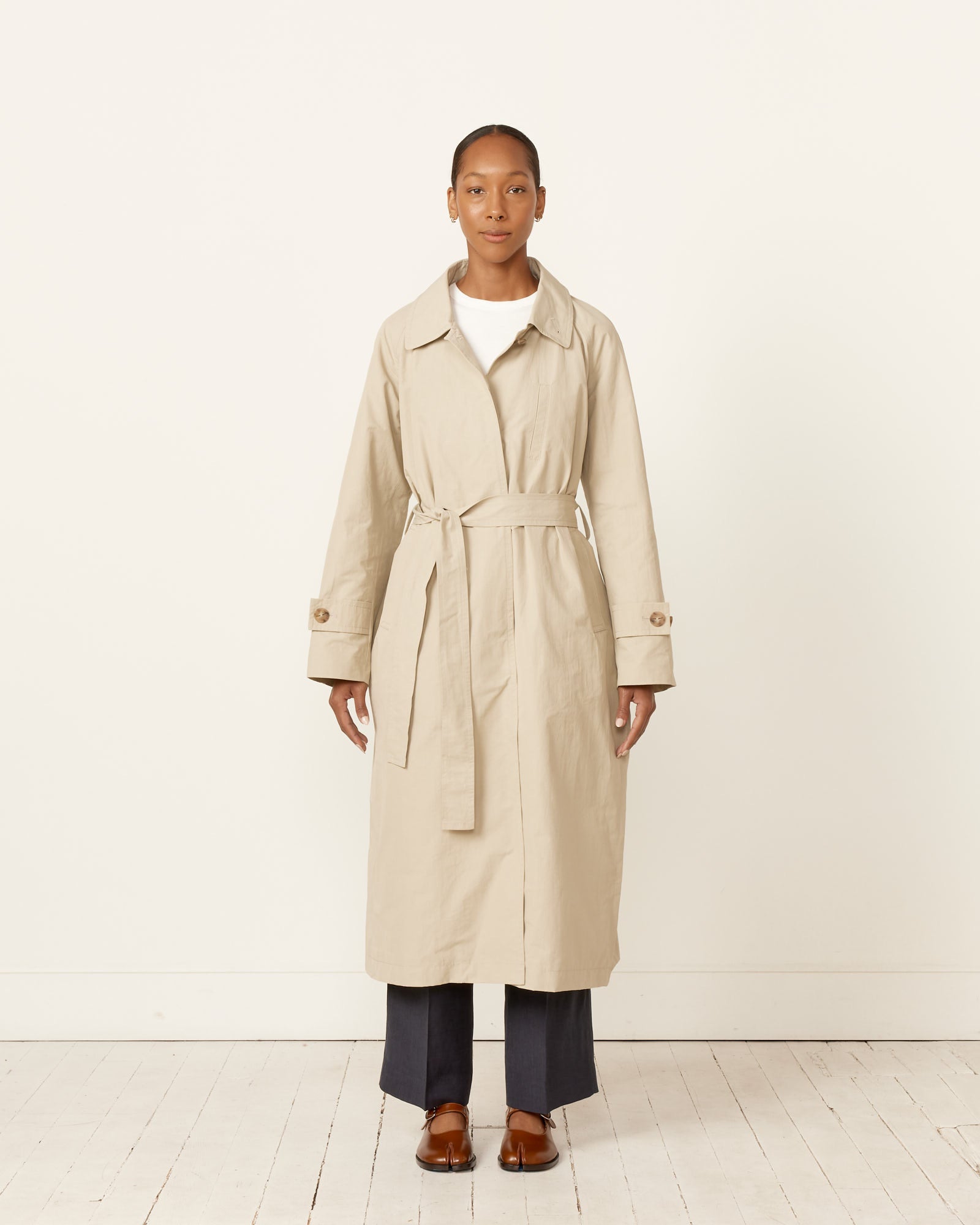 Cotton Blend Long Trench in Stone