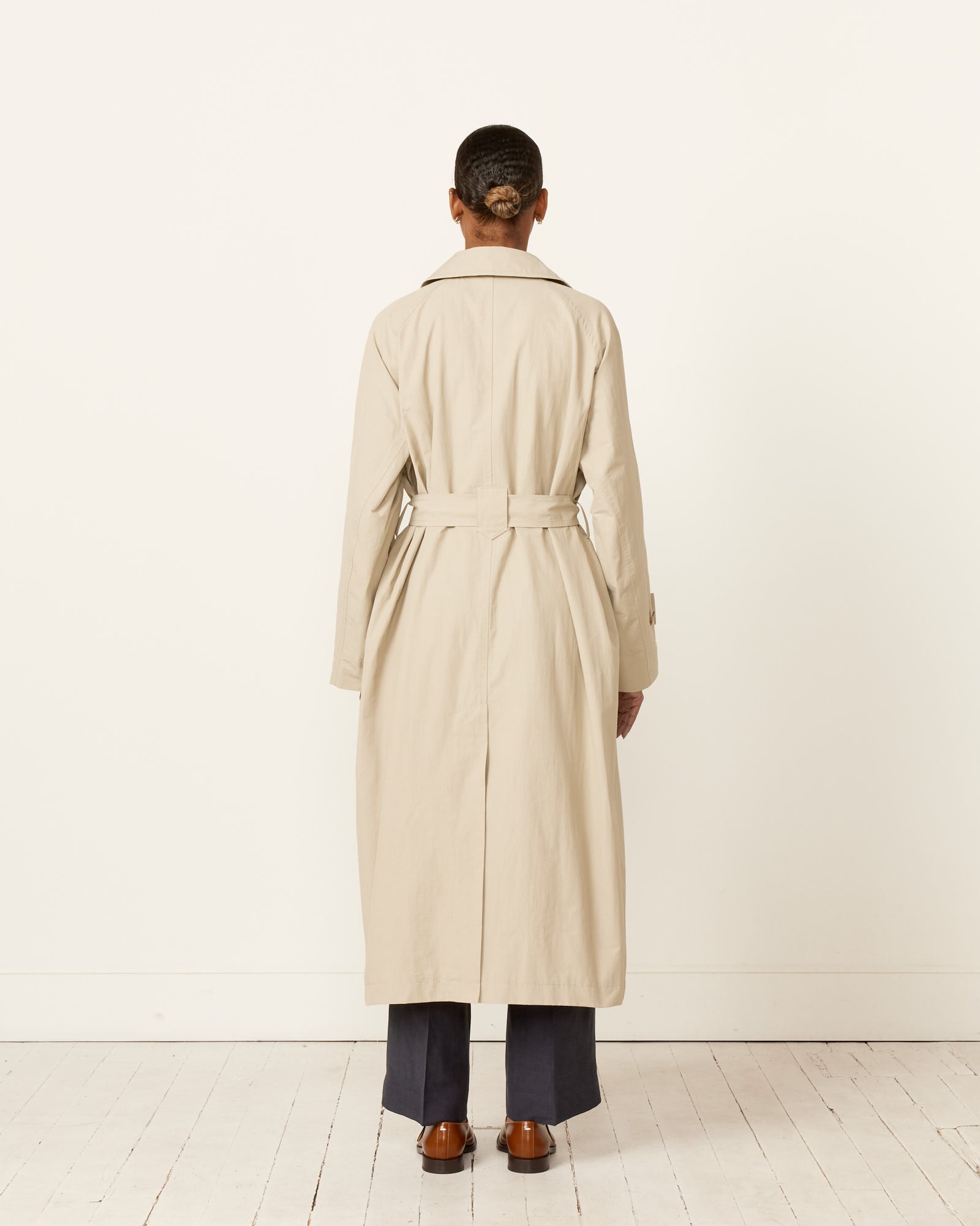 Cotton Blend Long Trench in Stone