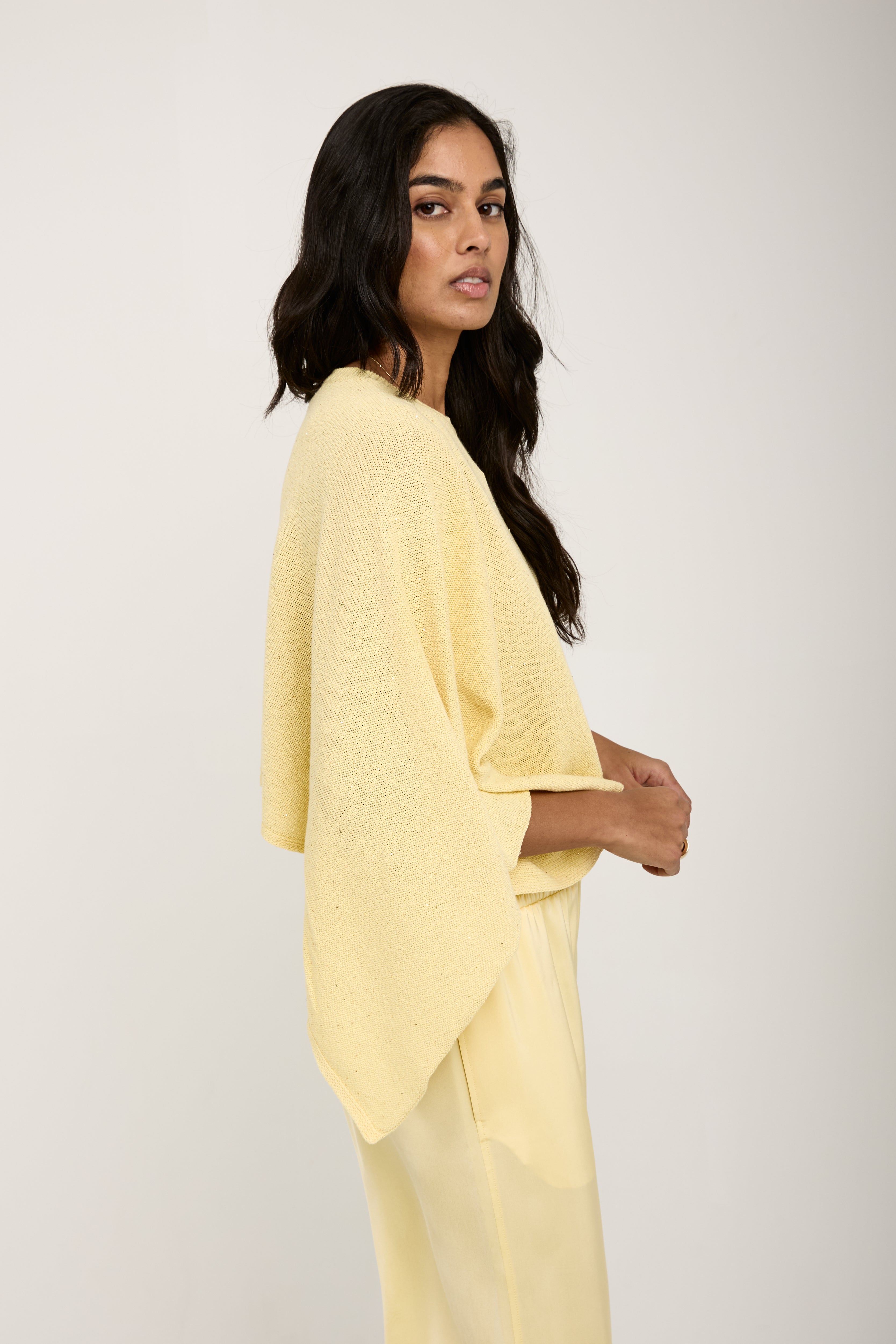 Cotton Linen Cape Sweater with Sequins in Yellow