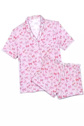 KatieJ NYC Lynn Lounge Set with Shorts - Bows on Pink: Juniors