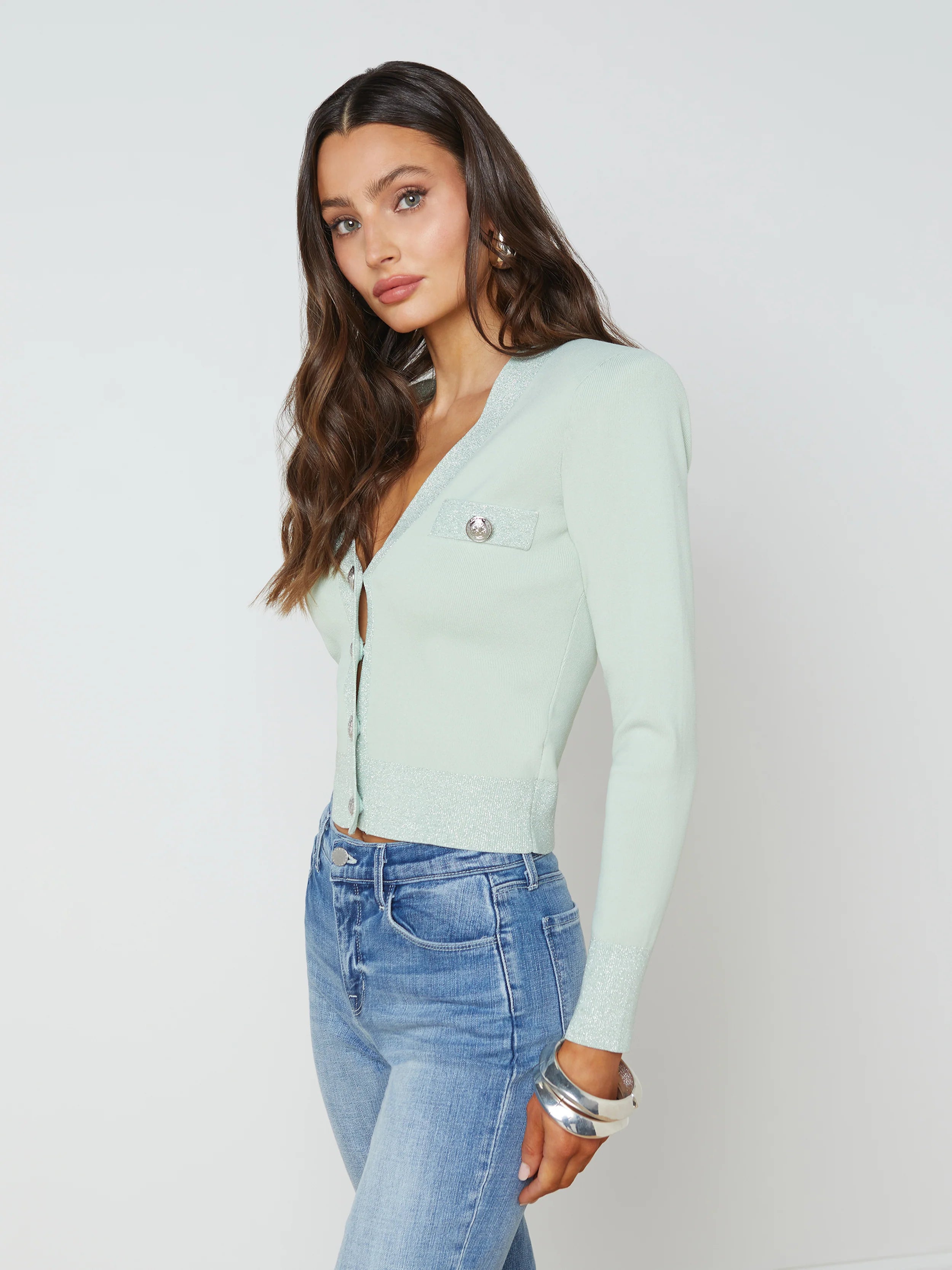 L’agence - Taya Cropped Cardigan - Laurel Green/ Lurex