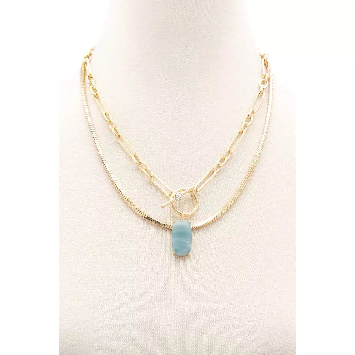 Oval Stone Toggle Clasp Layered Necklace