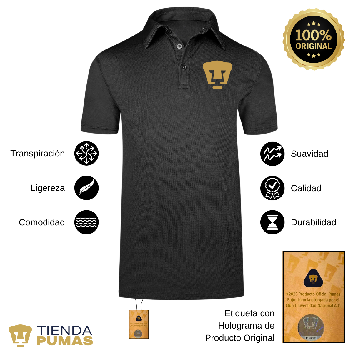 Playera Tipo Polo Hombre Pumas UNAM Logo Dorado