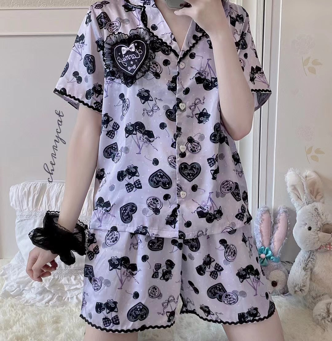 purple summer Pajamas pyjamas set black heart