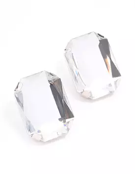 Rhodium Large Diamante Stud Clip On Earrings