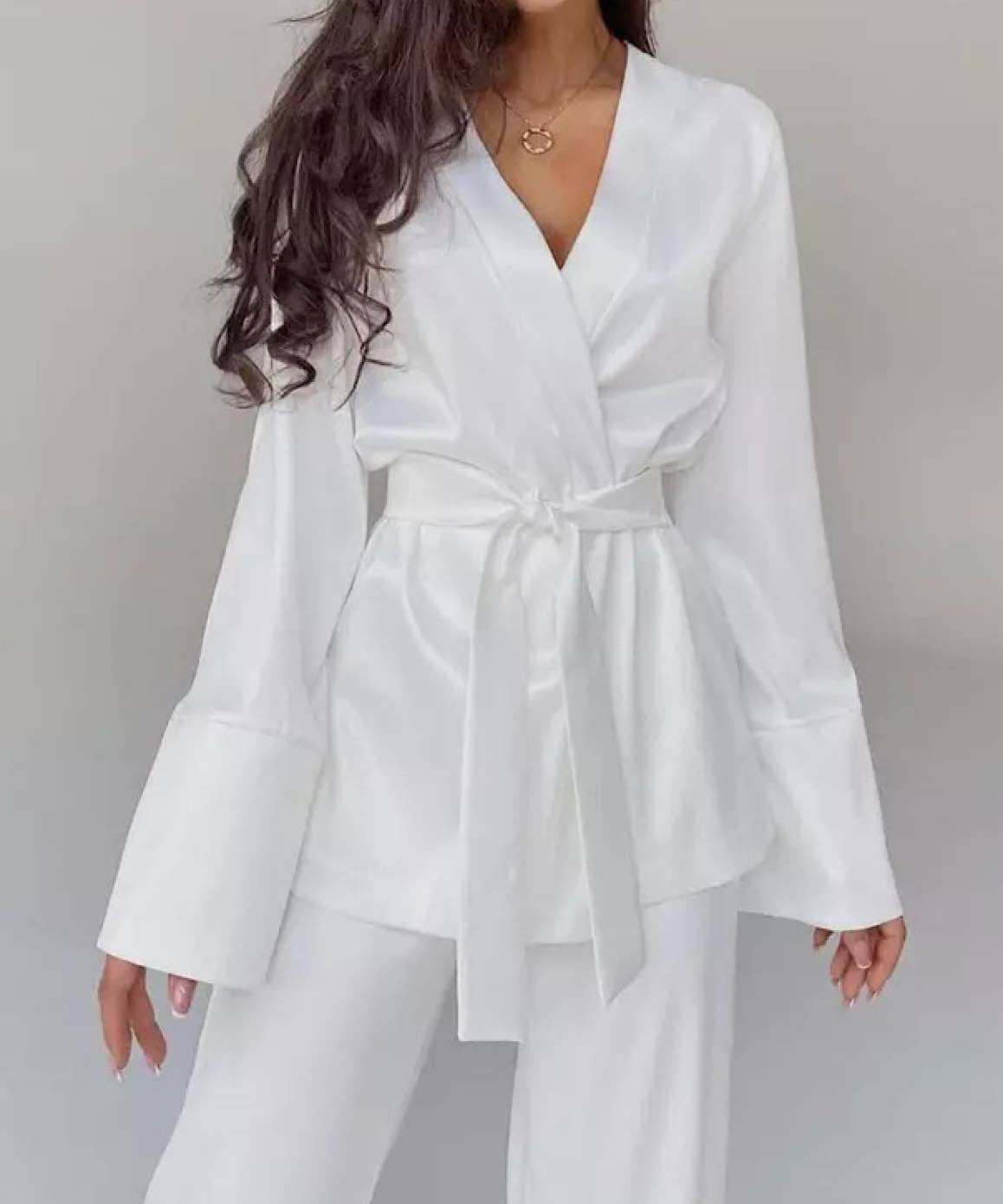 Satin Robe and Trousers Loungewear Set In Black