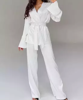 Satin Robe and Trousers Loungewear Set In White