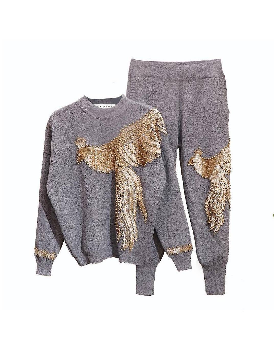 Two Piece Loungewear With Bird Gold Beadings