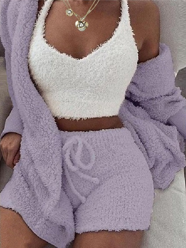 Warm and Cozy Pink and Purple 3-Piece Fleece Loungewear Set for Women