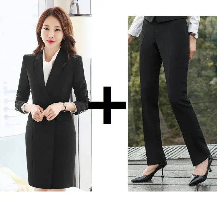 Women's Formal Solid Pattern Notched Collar Blazer Mid Waist Pants Set